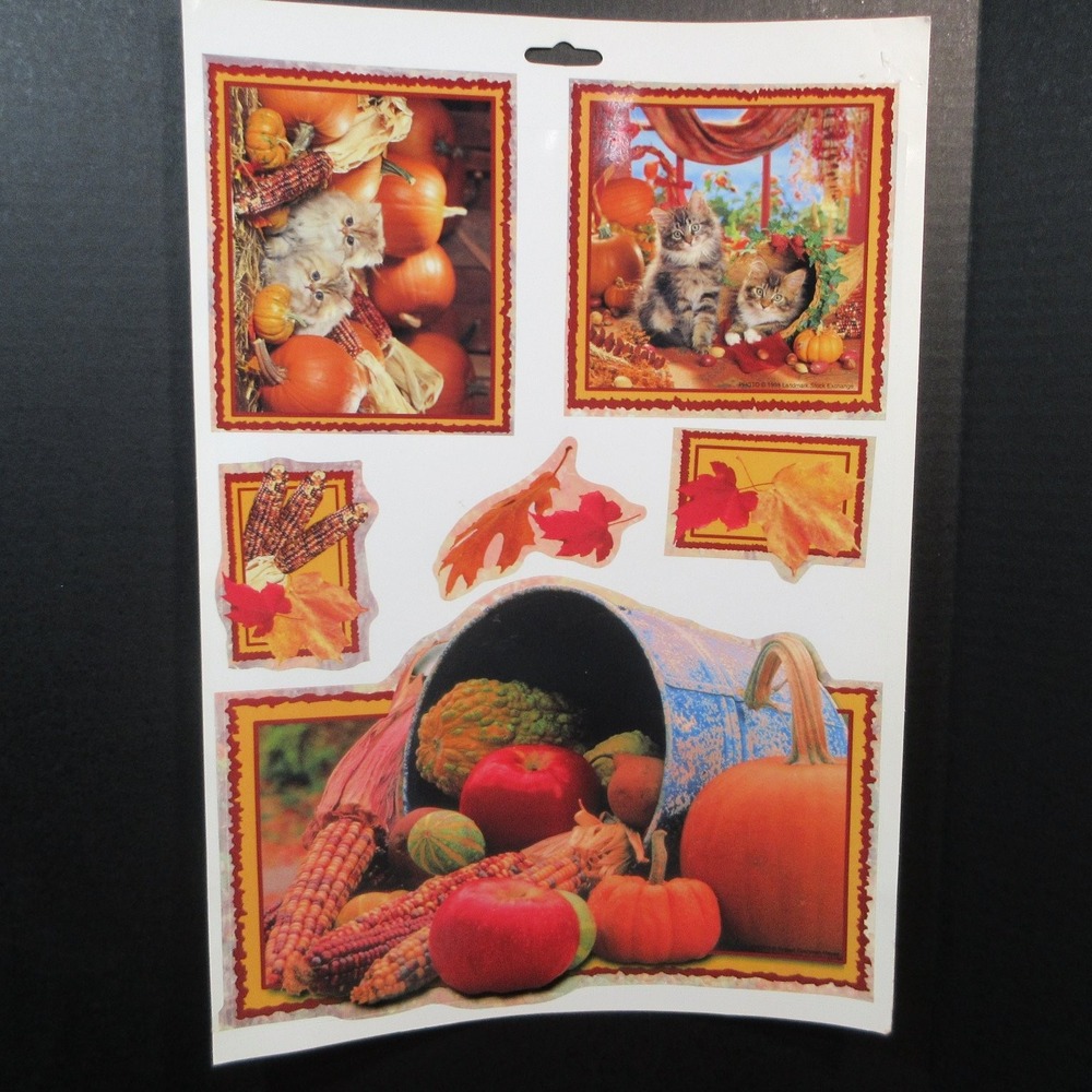 Vintage Thanksgiving Fall Kitten Pumpkin Cornucopia Window Clings Decals